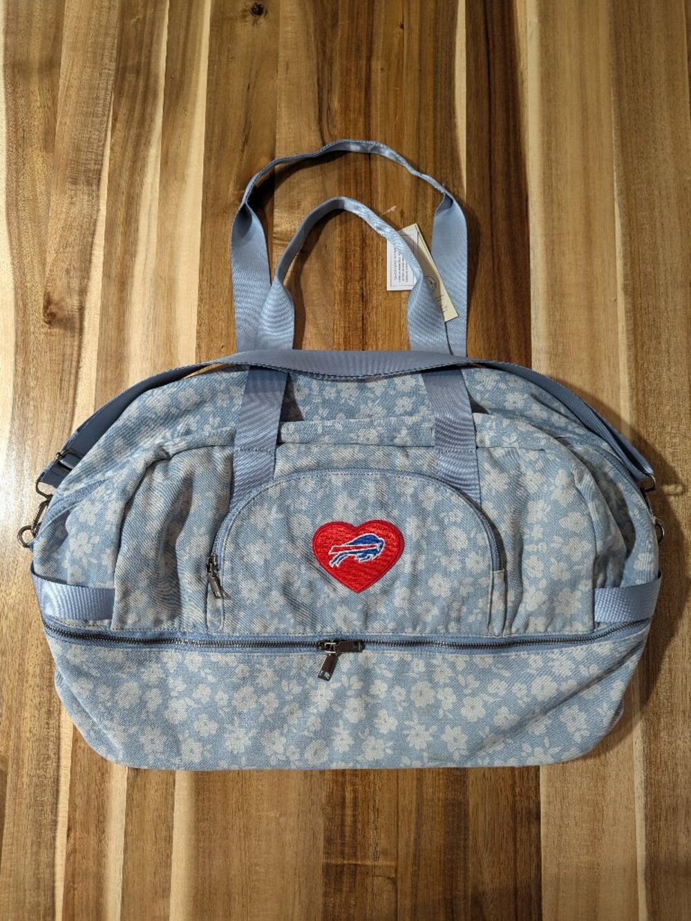 Buffalo Bills Custom Denim Duffle Handbag Tote. 10 x 20 x 12. Light Blue